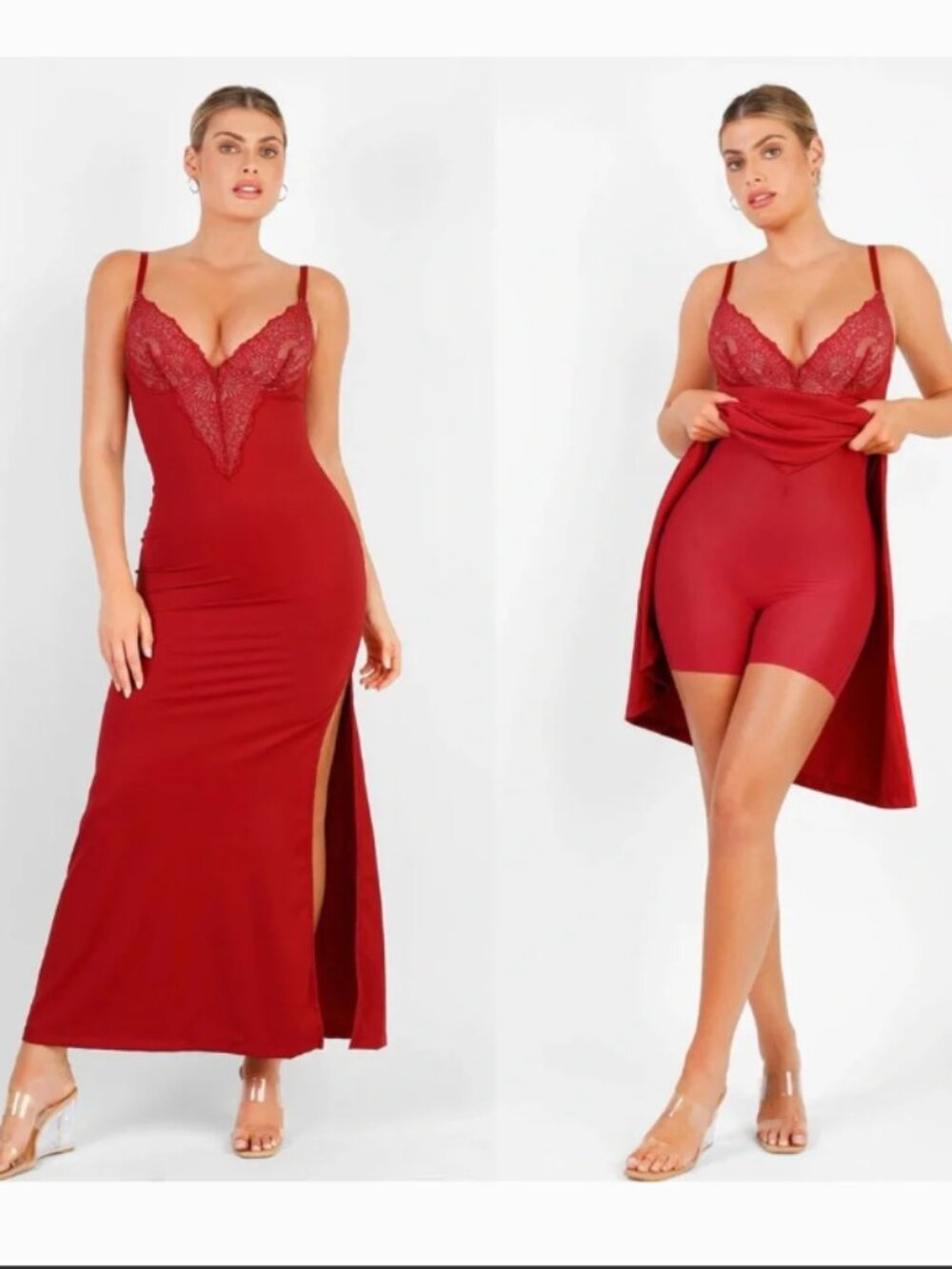 Popilush Shapewear Lace V-Neck Maxi Slip Dress Crimson Built-In Shorts Bodycon M